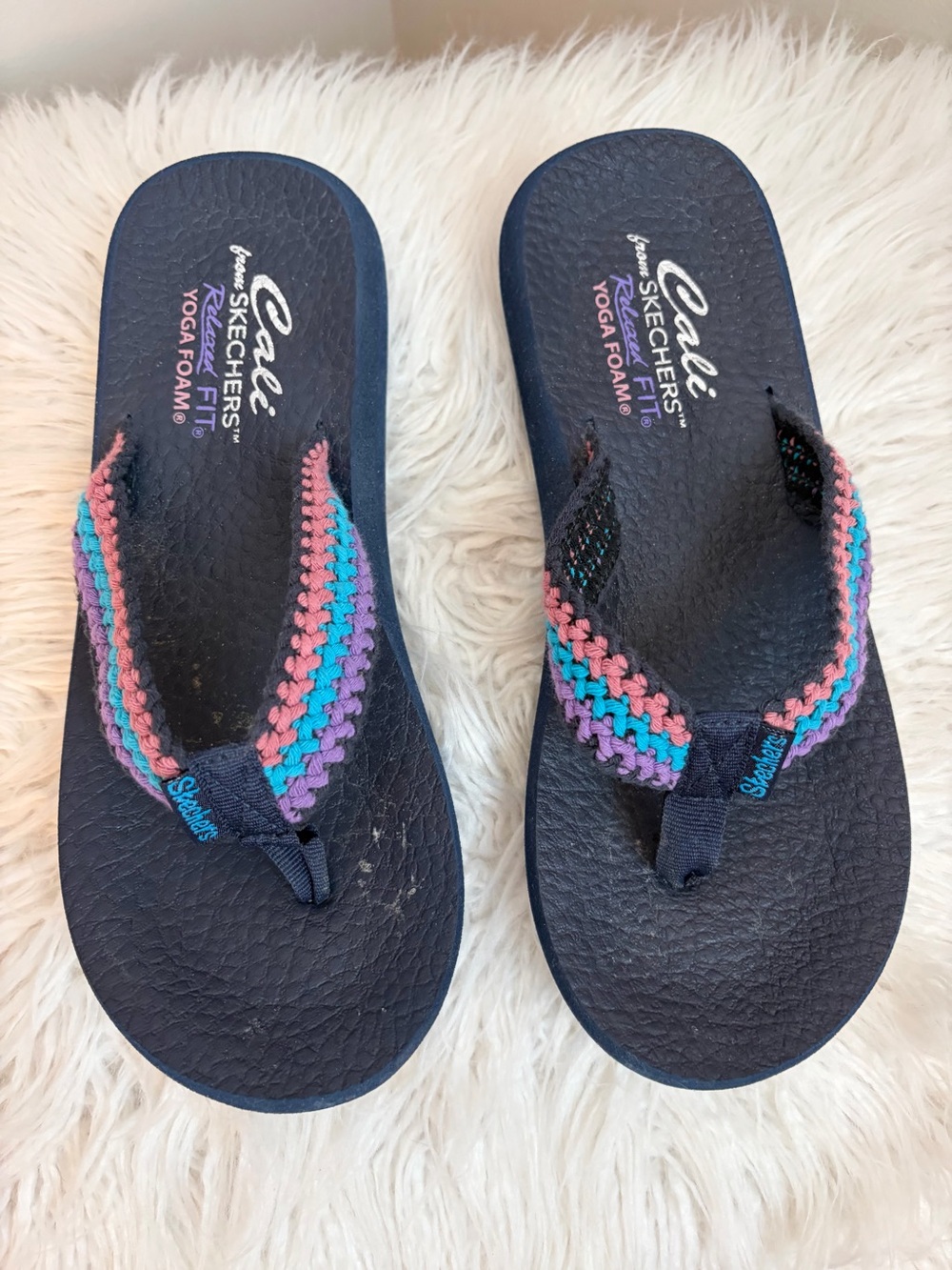 Skechers Navy Flip Flops with Pink Turquoise and Purple Braided Straps
